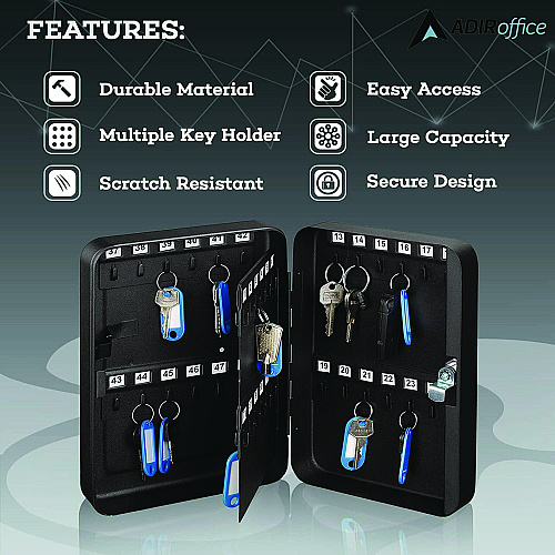 AdirOffice Steel Secure Key Cabinet with Key Lock, 48-Key, 7.1 x 3.1 x 10, Stainless Steel 304, Black (I68148BLK)