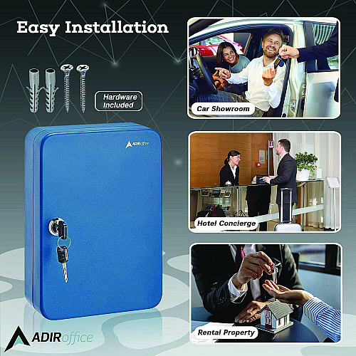 AdirOffice Steel Secure Key Cabinet with Key Lock, 48-Key, 7.1 x 3.1 x 10, Stainless Steel 304, Blue (I68148BLU)