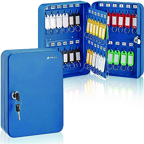 AdirOffice Steel Secure Key Cabinet with Key Lock, 48-Key, 7.1 x 3.1 x 10, Stainless Steel 304, Blue (I68148BLU)