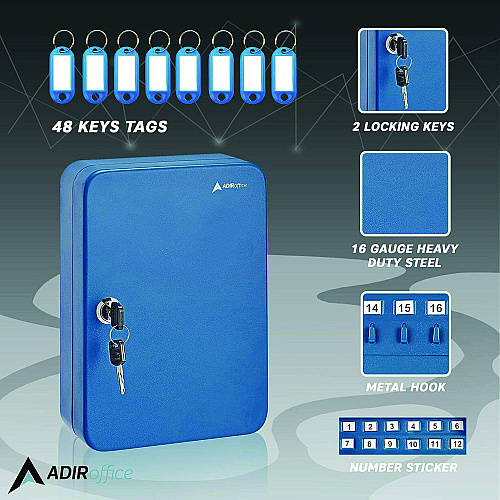 AdirOffice Steel Secure Key Cabinet with Key Lock, 48-Key, 7.1 x 3.1 x 10, Stainless Steel 304, Blue (I68148BLU)