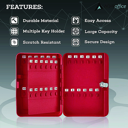 AdirOffice Steel Secure Key Cabinet with Key Lock, 48-Key, 7.1 x 3.1 x 10, Stainless Steel 304, Red (I68148RED)