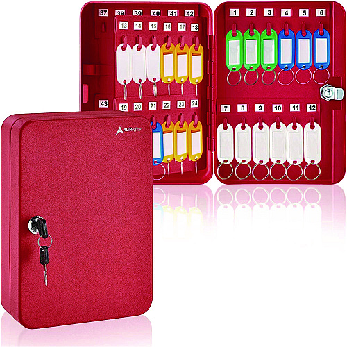 AdirOffice Steel Secure Key Cabinet with Key Lock, 48-Key, 7.1 x 3.1 x 10, Stainless Steel 304, Red (I68148RED)