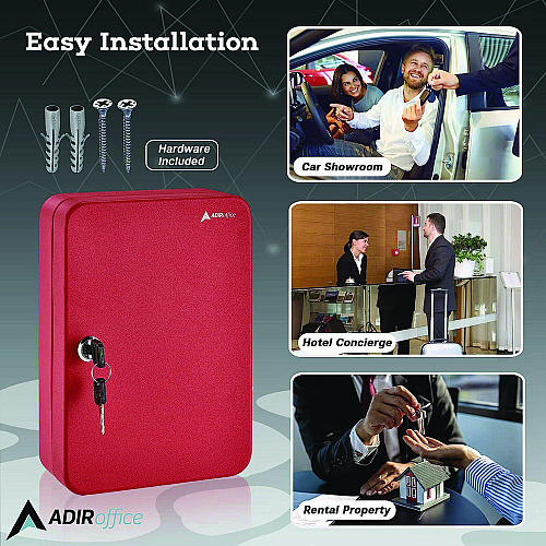 AdirOffice Steel Secure Key Cabinet with Key Lock, 48-Key, 7.1 x 3.1 x 10, Stainless Steel 304, Red (I68148RED)