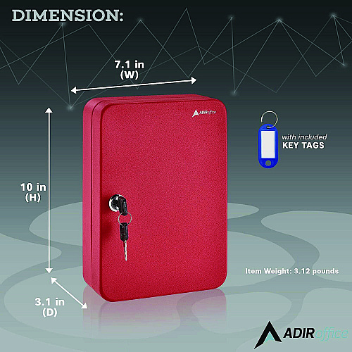 AdirOffice Steel Secure Key Cabinet with Key Lock, 48-Key, 7.1 x 3.1 x 10, Stainless Steel 304, Red (I68148RED)