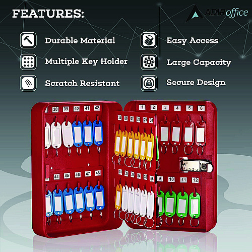AdirOffice Steel Heavy-Duty Key Cabinet with Combination Lock, 48-Key, 7.1 x 3 x 10, Stainless Steel 304, Red (I68248RED)