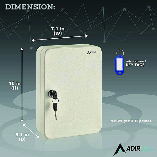 AdirOffice Steel Secure Key Cabinet with Key Lock, 48-Key, 7.1 x 3.1 x 10, Stainless Steel 304, White (I68148WHI)