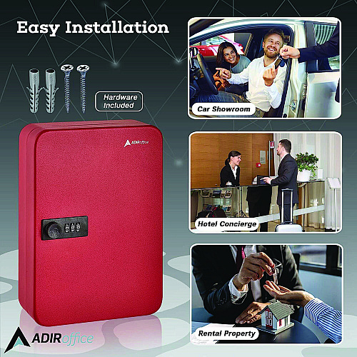 AdirOffice Steel Heavy-Duty Key Cabinet with Combination Lock, 48-Key, 7.1 x 3 x 10, Stainless Steel 304, Red (I68248RED)