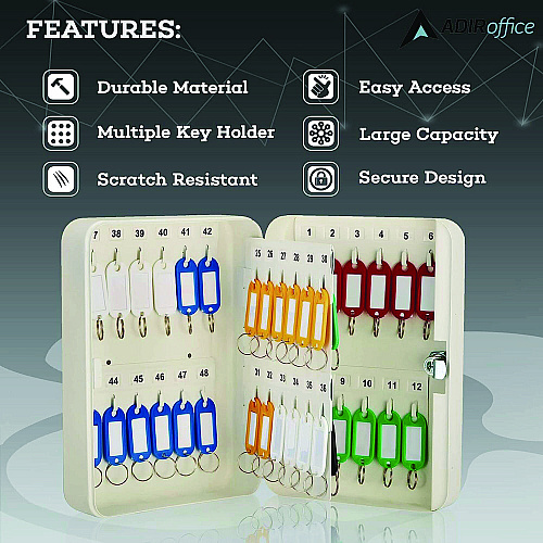 AdirOffice Steel Secure Key Cabinet with Key Lock, 48-Key, 7.1 x 3.1 x 10, Stainless Steel 304, White (I68148WHI)