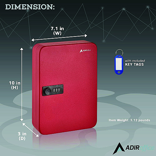 AdirOffice Steel Heavy-Duty Key Cabinet with Combination Lock, 48-Key, 7.1 x 3 x 10, Stainless Steel 304, Red (I68248RED)