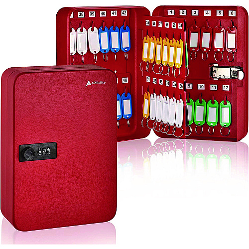 AdirOffice Steel Heavy-Duty Key Cabinet with Combination Lock, 48-Key, 7.1 x 3 x 10, Stainless Steel 304, Red (I68248RED)
