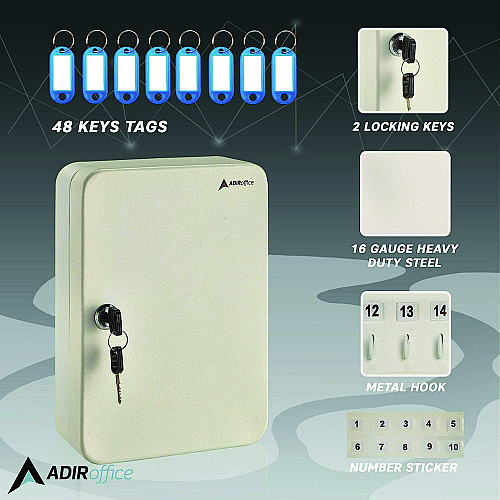 AdirOffice Steel Secure Key Cabinet with Key Lock, 48-Key, 7.1 x 3.1 x 10, Stainless Steel 304, White (I68148WHI)