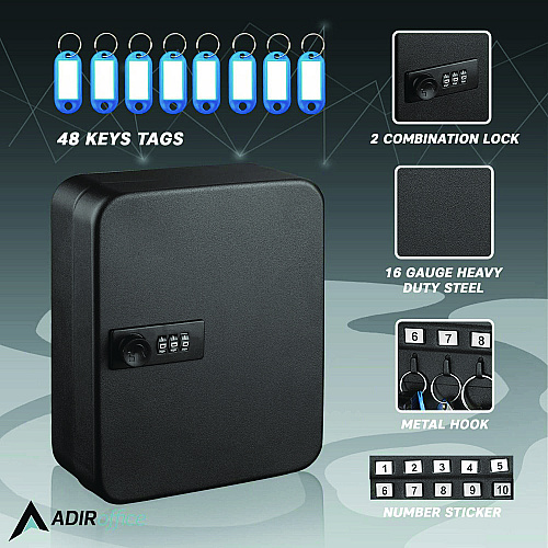 AdirOffice Steel Heavy-Duty Key Cabinet with Combination Lock, 30-Key, 6.4 x 3 x 8, Stainless Steel 304, Black (I68230BLK)