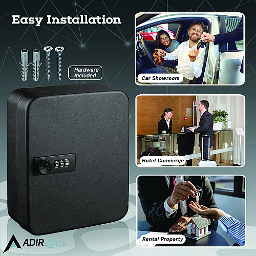 AdirOffice Steel Heavy-Duty Key Cabinet with Combination Lock, 30-Key, 6.4 x 3 x 8, Stainless Steel 304, Black (I68230BLK)