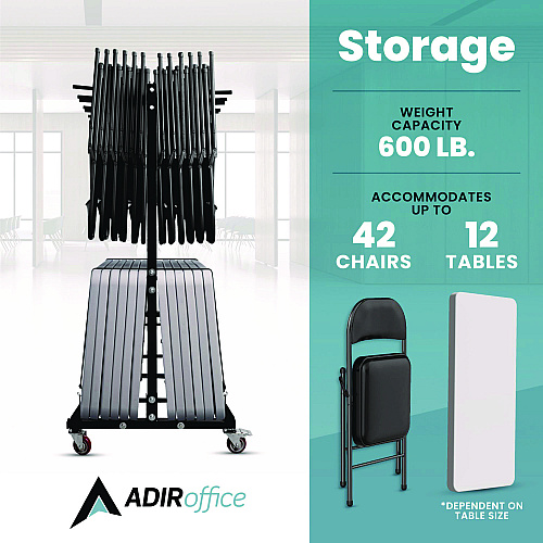 AdirOffice Folding Chair and Table Combo Cart, Metal, 600 lb Capacity, 33.7 x 65 x 67, Black (I69001)