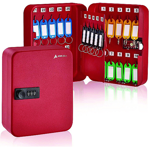 AdirOffice Steel Heavy-Duty Key Cabinet with Combination Lock, 30-Key, 6.4 x 3 x 8, Stainless Steel 304, Red (I68230RED)