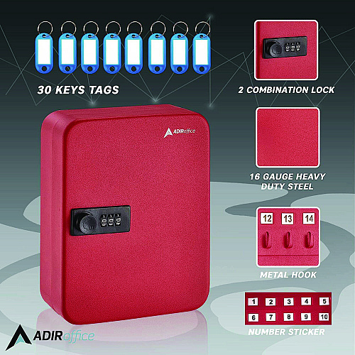 AdirOffice Steel Heavy-Duty Key Cabinet with Combination Lock, 30-Key, 6.4 x 3 x 8, Stainless Steel 304, Red (I68230RED)