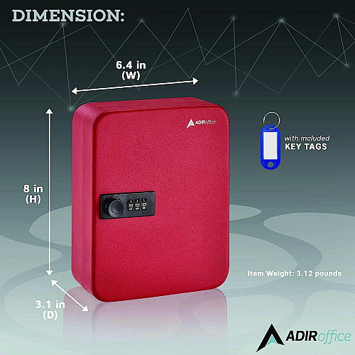 AdirOffice Steel Heavy-Duty Key Cabinet with Combination Lock, 30-Key, 6.4 x 3 x 8, Stainless Steel 304, Red (I68230RED)