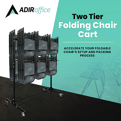 AdirOffice Steel Folding Chair Two-Tier Utility Cart, Metal, 1,000 lb Capacity, 33 x 65 x 68.5, Black (I69003)