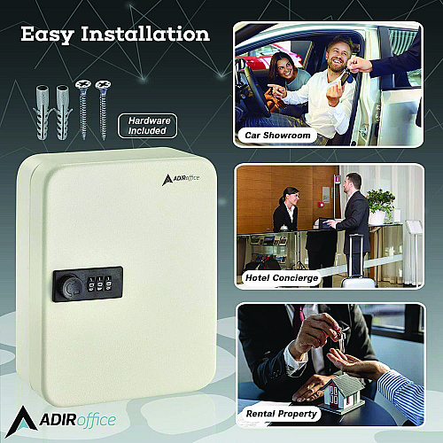 AdirOffice Steel Heavy-Duty Key Cabinet with Combination Lock, 30-Key, 6.4 x 3 x 8, Stainless Steel 304, White (I68230WHI)