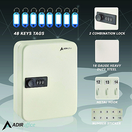 AdirOffice Steel Heavy-Duty Key Cabinet with Combination Lock, 30-Key, 6.4 x 3 x 8, Stainless Steel 304, White (I68230WHI)