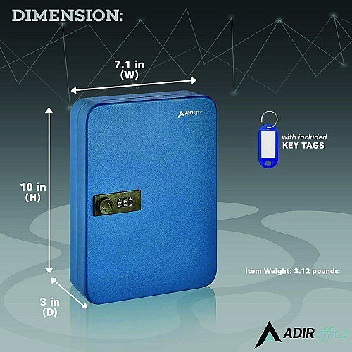 AdirOffice Steel Heavy-Duty Key Cabinet with Combination Lock, 48-Key, 7.1 x 3 x 10, Stainless Steel 304, Blue (I68248BLU)