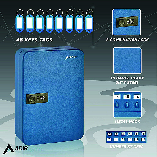 AdirOffice Steel Heavy-Duty Key Cabinet with Combination Lock, 48-Key, 7.1 x 3 x 10, Stainless Steel 304, Blue (I68248BLU)