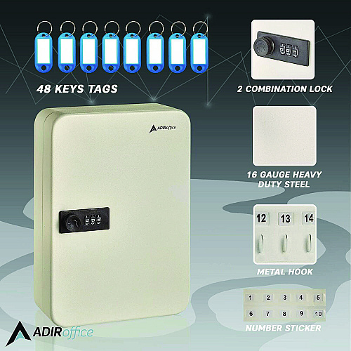 AdirOffice Steel Heavy-Duty Key Cabinet with Combination Lock, 48-Key, 7.1 x 3 x 10, Stainless Steel 304, White (I68248WHI)