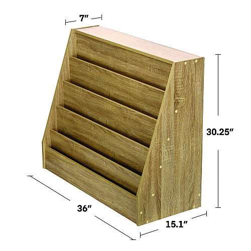AdirKids Wood 5-Shelf Bookcase Literature Display Rack, 17.2 w x 4.88 d x 38.3 h, Medium Oak (IKI20001MEO)