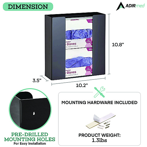 AdirMed Acrylic Glove Dispenser, Double Box Capacity, 10.2 x 3.5 x 10.8, Black (I90202BLK)