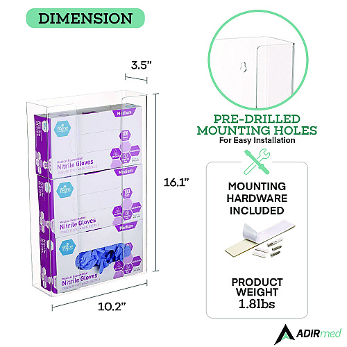 AdirMed Acrylic Glove Dispenser, Triple Box Capacity, 10.2 x 3.5 x 16.1, Clear (I90203)