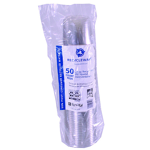 Fabri-Kal Recycleware Round Deli Container, 24 oz, 4.6" Diameter x 3.6" h, Clear, Plastic, 500/Carton (RD24)