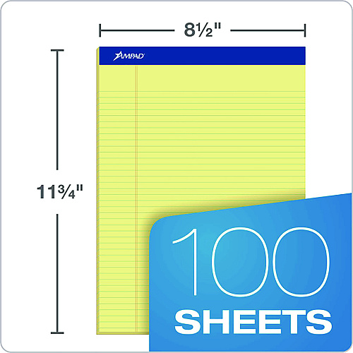 Ampad Perforated Writing Pads, Narrow Rule, 50 Canary-Yellow 8.5 x 11.75 Sheets, Dozen (20222)