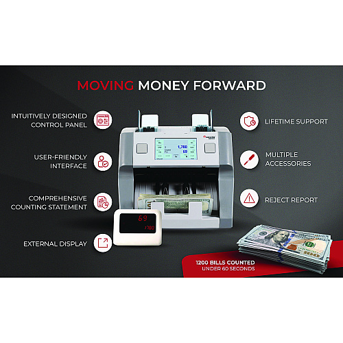 Cassida 9900R Two-Pocket Mixed Bill Counter, 3-Speeds: 800 Bills/Min, 1,000 Bills/Min, 1,200 Bills/Min, 9.5 x 11 x 10.4, Gray