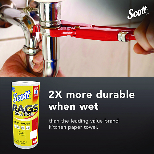 Scott Rags On A Roll, 1-Ply, 9.4 x 11, White, 60/Roll, 12 Rolls/Carton (54992)