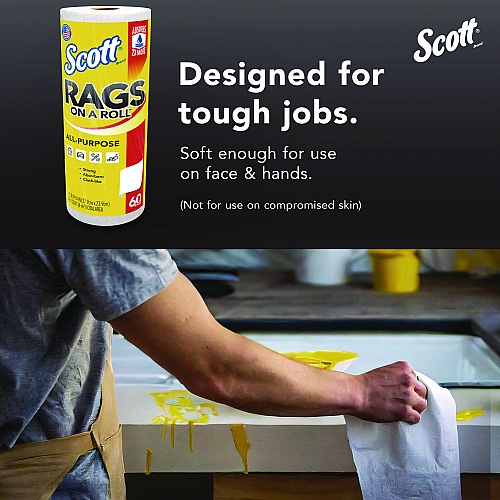 Scott Rags On A Roll, 1-Ply, 9.4 x 11, White, 60/Roll, 12 Rolls/Carton (54992)