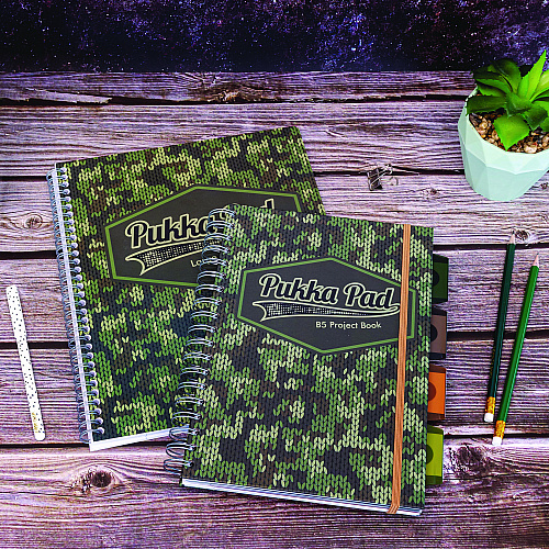 PUKKA PAD B5 Size Project Book, 4-Subject, Medium/College Rule, Black/Green Camo Knit Cover, (100) 9.8 x 6.9 Sheets, 3/Pack (9756CAM)