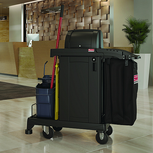 Suncast Commercial High Security Housekeeping Cart, Plastic, 1 Shelf, 3 Bins, 23.19 x 53.23 x 53.02, Black (CCH255A)