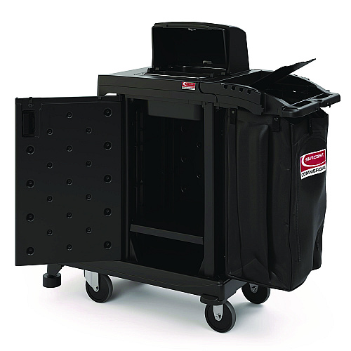 Suncast Commercial High Security Housekeeping Cart, Plastic, 1 Shelf, 3 Bins, 23.19 x 53.23 x 53.02, Black (CCH255A)