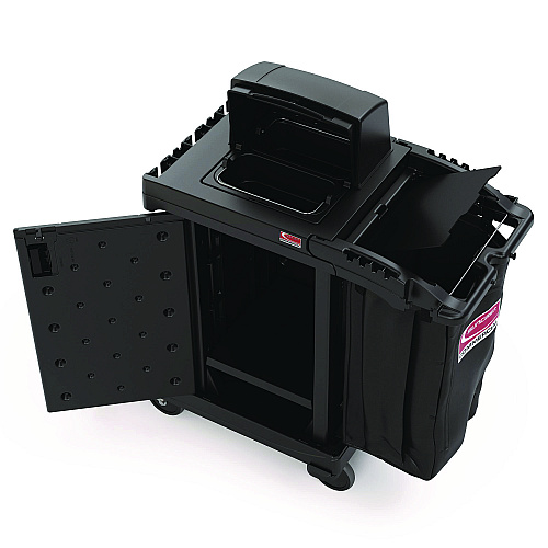 Suncast Commercial High Security Housekeeping Cart, Plastic, 1 Shelf, 3 Bins, 23.19 x 53.23 x 53.02, Black (CCH255A)