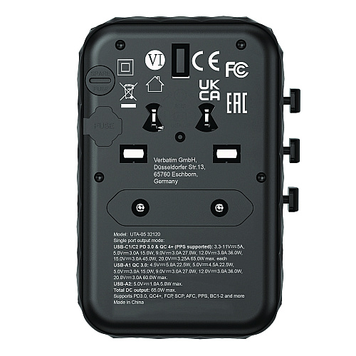 Verbatim UTA-05 Gan III Universal Travel Adapter, (2) USB-A/(2) USB-C/Quick Charge 4+ (32120)