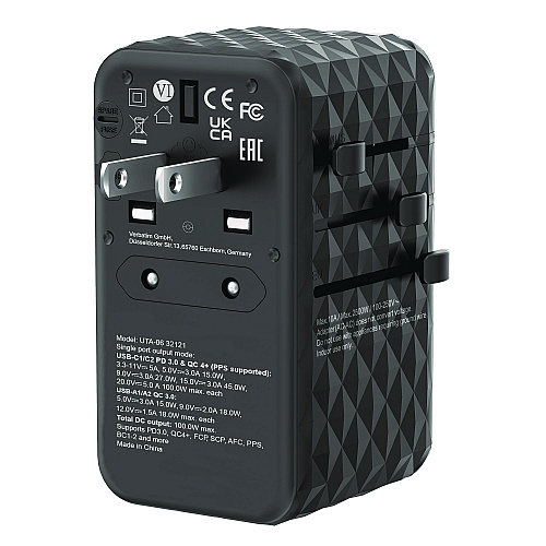 Verbatim UTA-06 Gan III Universal Travel Adapter, (2) USB-A/(2) USB-C/Quick Charge 4+ (32121)