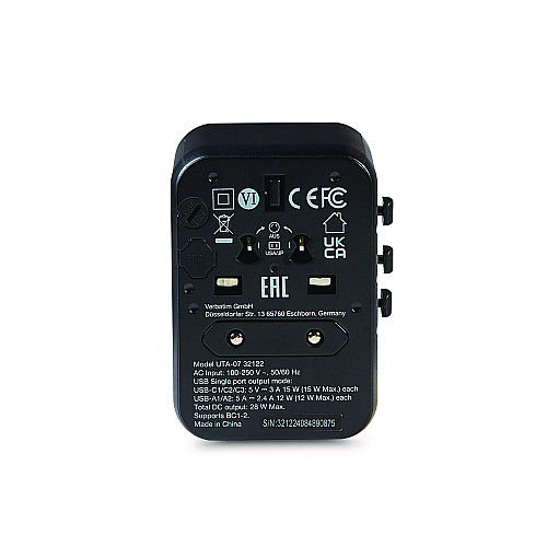 Verbatim UTA-07 Universal Travel Adapter, (3) USB-A, (3) USB-C (32122)