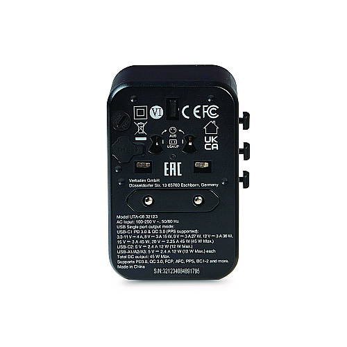 Verbatim UTA-08 Universal Travel Adapter, (3) USB-A/(3) USB-C (32123)