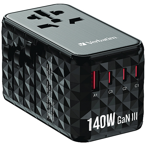 Verbatim UTA-10 GaN III Universal Travel Adapter, (3) USB-A/(3) USB-C (32125)