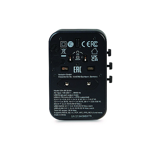 Verbatim UTA-09 Gan III Universal Travel Adapter, (2) USB-A/(2) USB-C/USB-C with Power Delivery 3.0 (32124)