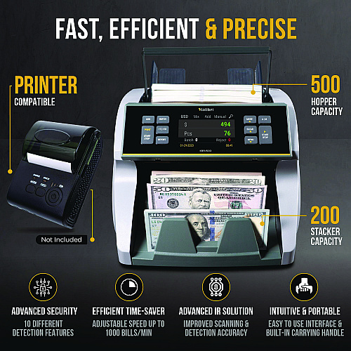 Kolibri KBR1500V2 Mixed Denomination Cash Counter, 1,200 Bills/min, 9.5 x 11 x 10.4, Gray
