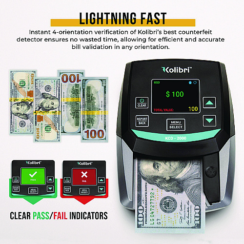 Kolibri KCD-2000 Counterfeit Detector, IR Detector; Magnetic Strip Detection; UV Light, U.S. Currency, 5 x 6 x 5, Black/Gray