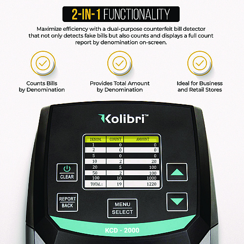 Kolibri KCD-2000 Counterfeit Detector, IR Detector; Magnetic Strip Detection; UV Light, U.S. Currency, 5 x 6 x 5, Black/Gray