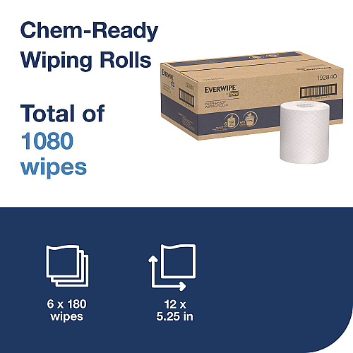 Tork Chem-Ready Wiping Rolls, 1-Ply, 12 x 5.25, White, 180 Sheets, 6 Rolls/Carton (192840)