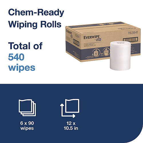 Tork Chem-Ready Wiping Rolls, 1-Ply, 12 x 12, White, 90 Sheets, 6 Rolls/Carton (192841)